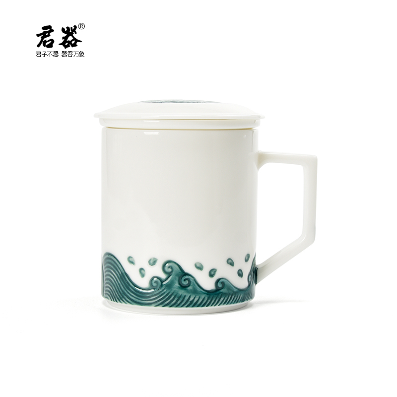君器德化白瓷办公室泡茶杯个人专用高档陶瓷喝茶杯浮雕海浪中式杯