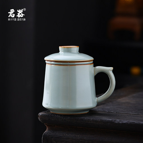 新品汝窑茶杯陶瓷杯茶水分离个人专用高档精致老板办公室喝茶杯子