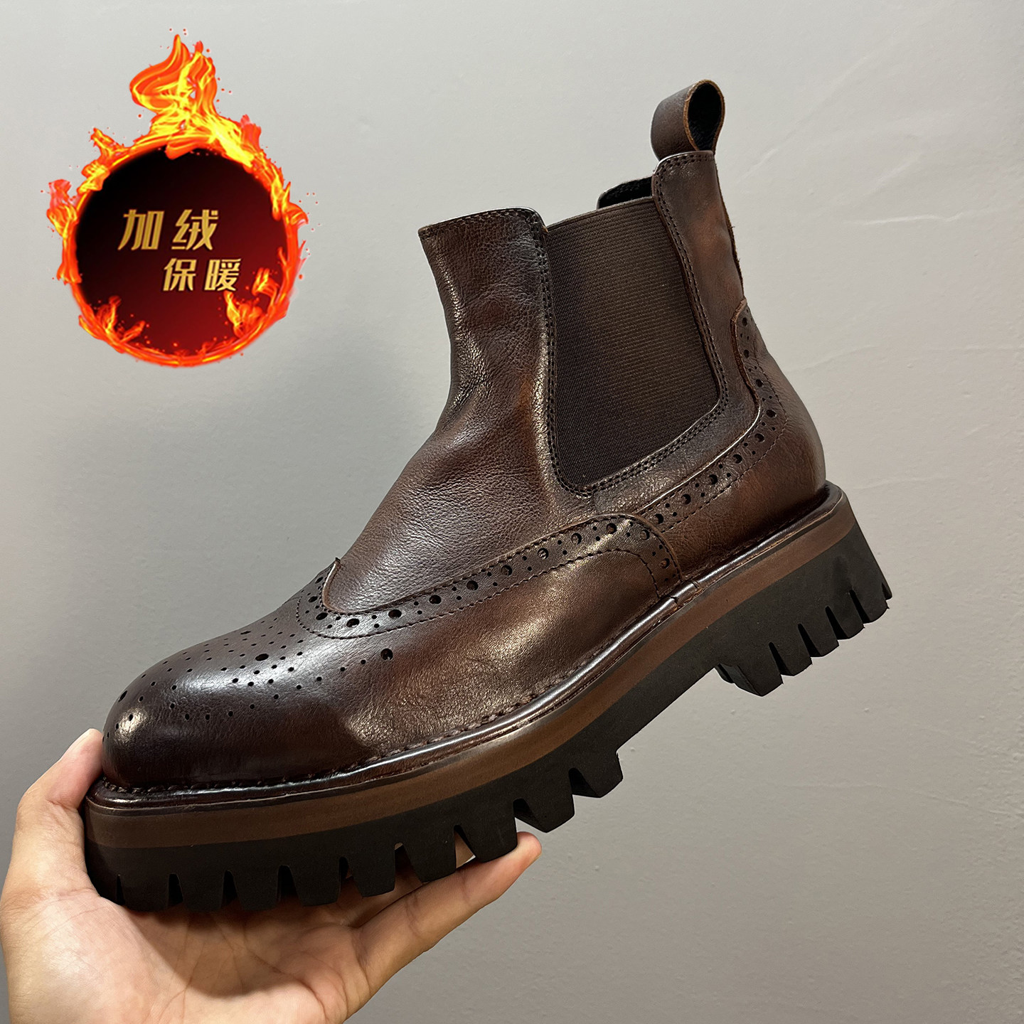 加绒切尔西靴男高帮棉鞋真皮透气！头层牛皮厚底男靴短靴子马丁靴