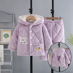 冬季女童夹棉睡衣套装三层夹棉厚家居服可爱卡通带帽加厚儿童睡衣
