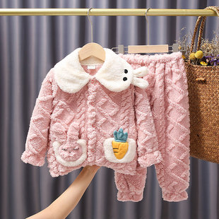 秋冬季收口款法兰绒女童睡衣套装 新版女生儿童珊瑚绒小孩家居服