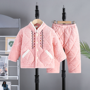 新国风冬季三层夹棉儿童睡衣套装 牛奶绒加厚加绒女生小孩家居服