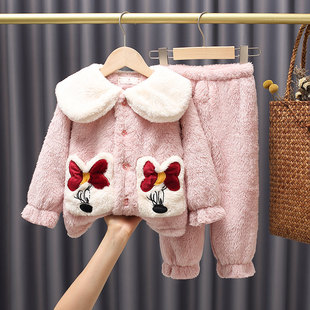 秋冬加厚长毛绒母女装儿童睡衣 亲子家居服中大童女童珊瑚绒套装