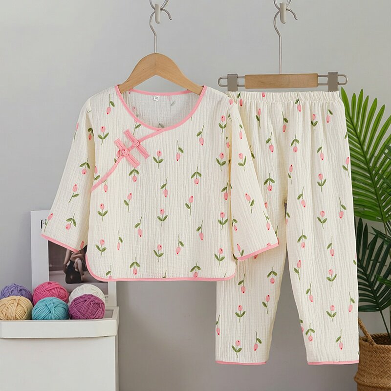 春夏女童纯棉纱布家居服 国风女童睡衣长袖套头双层纱布女孩睡衣