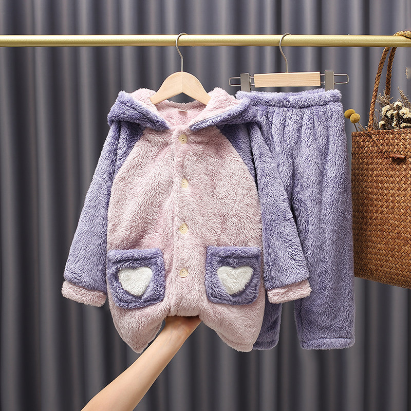 带帽长毛小孩子法兰绒家居服套装