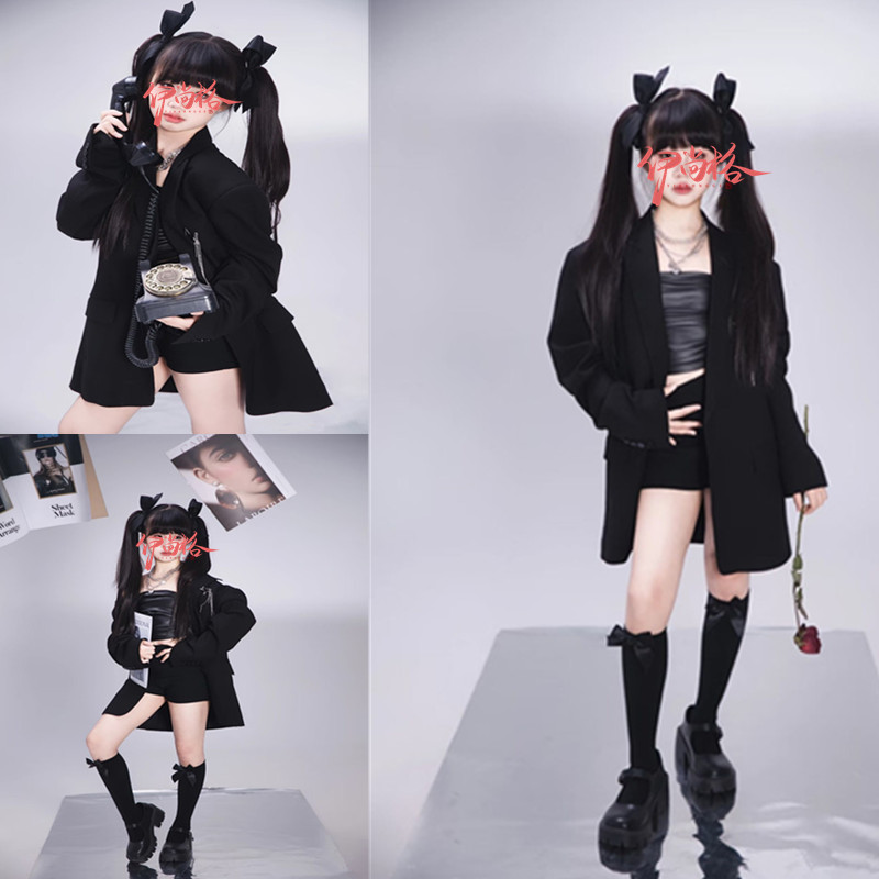 少儿模特大赛T台潮服女童舞台走秀儿童演出服小童加长西装裙飒酷