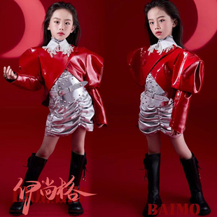 潮童舞台走秀儿童演出服红色未来科技潮服少儿模特T台比赛机车服