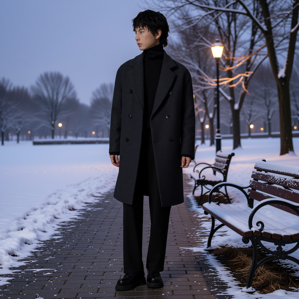 w2x羊毛呢大衣纯色百搭秋冬季新款风衣男士中长款双面呢外套加厚