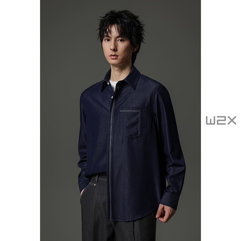 反差色明辑线牛仔长袖衬衫男