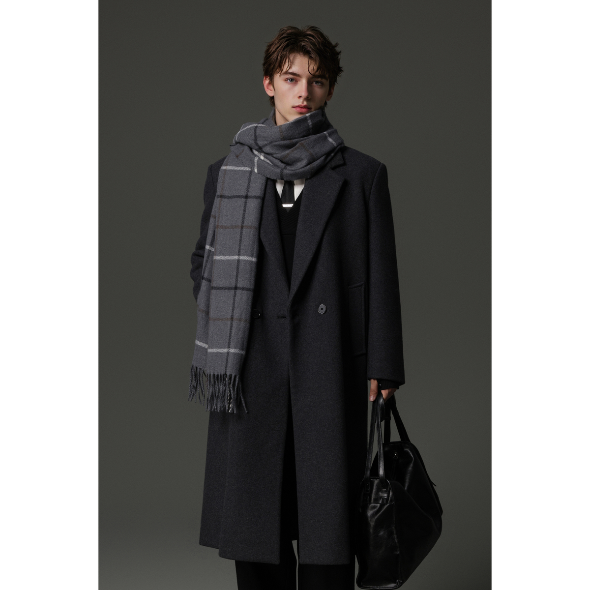 w2x男士冬季加厚垫肩大衣 双面呢长款风衣外套 韩版纯毛呢子高档