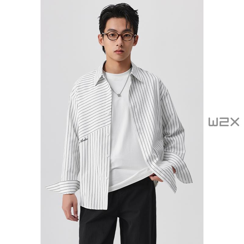 春季条纹理拼接绣花长袖衬衫男