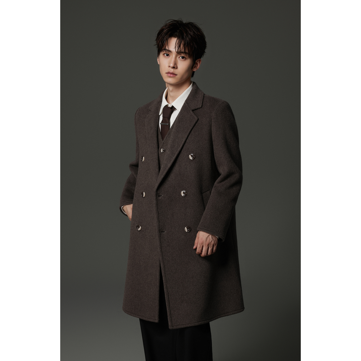 w2x高级轻奢羊毛呢大衣双面呢冬季加厚款风衣中长款男士外套男装