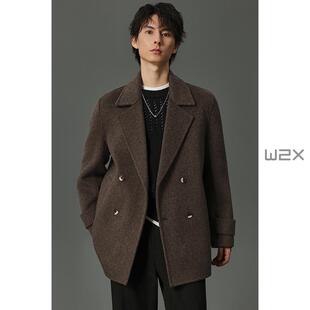 饰双面羊毛呢大衣男短款 w2x短款 平驳领袖 绊装 外套潮 休闲西装