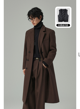 w2x冬季带鹅绒内胆羊毛呢子大衣男长款过膝外套老钱风双排扣风衣