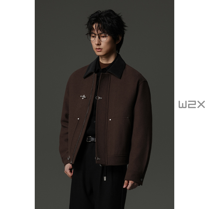 冬季加厚620g绵羊飞机扣毛呢夹克