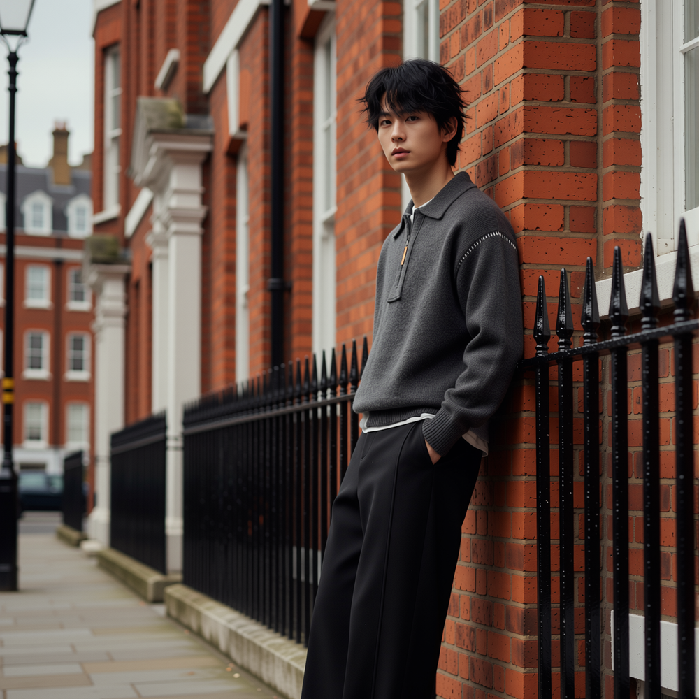 w2x冬季羊毛针织衫慵懒风假两件半拉链新款男士加厚毛衣套头内搭