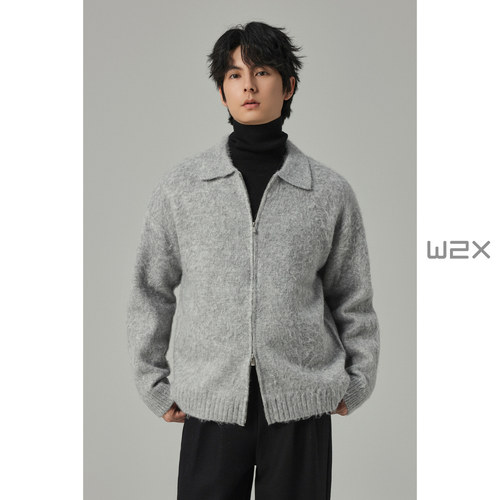 W2X重磅仿牛绒针织开衫男士轻奢老钱风复古休闲加厚毛衣外套拉链