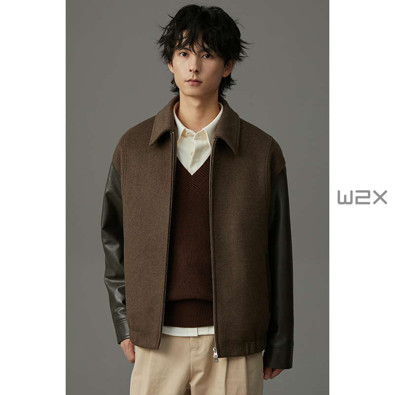 冬季PU皮拼接短款羊毛呢夹克外套