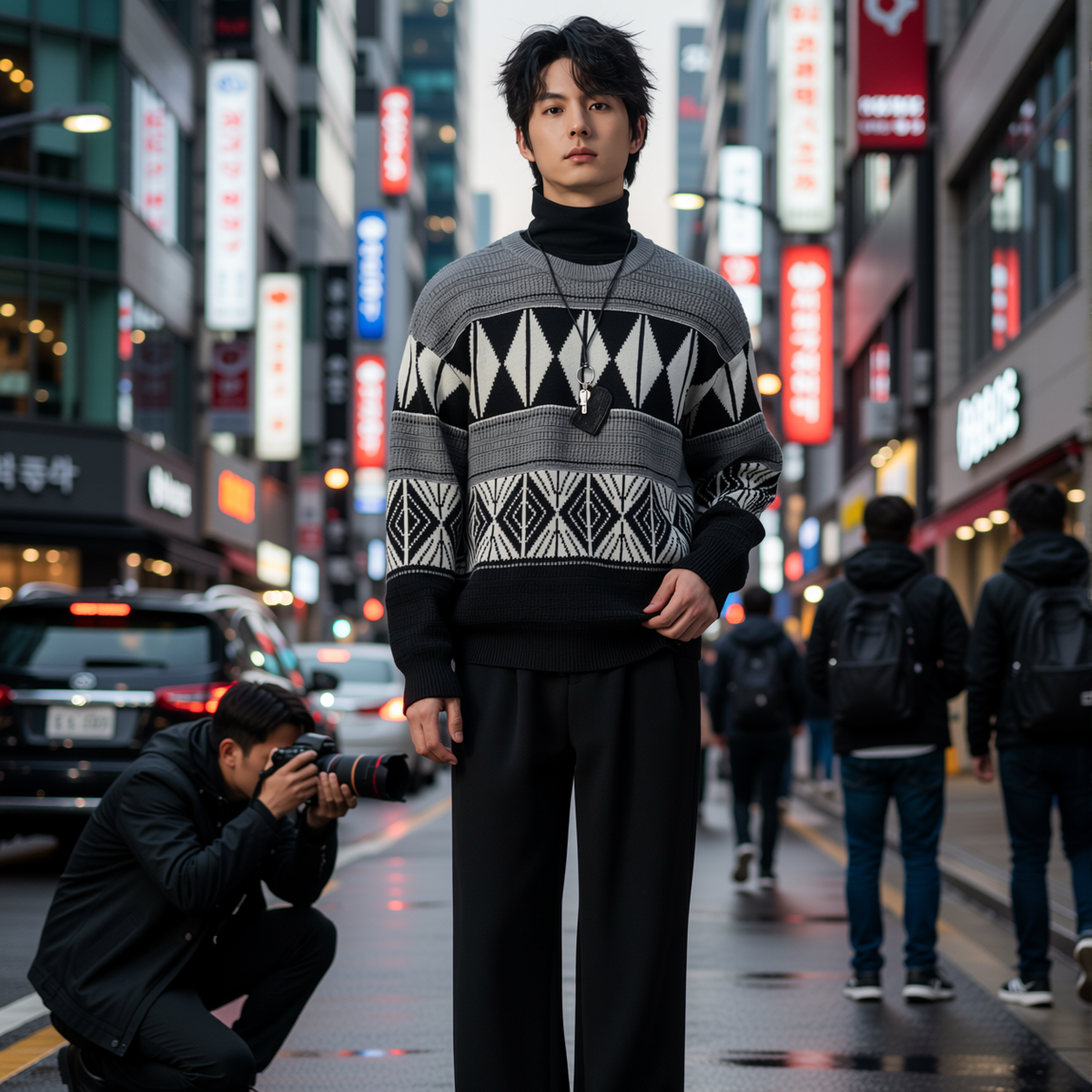 w2x秋冬季宽松毛呢毛衣双面针织衫圆领上衣加厚长袖男士保暖外套