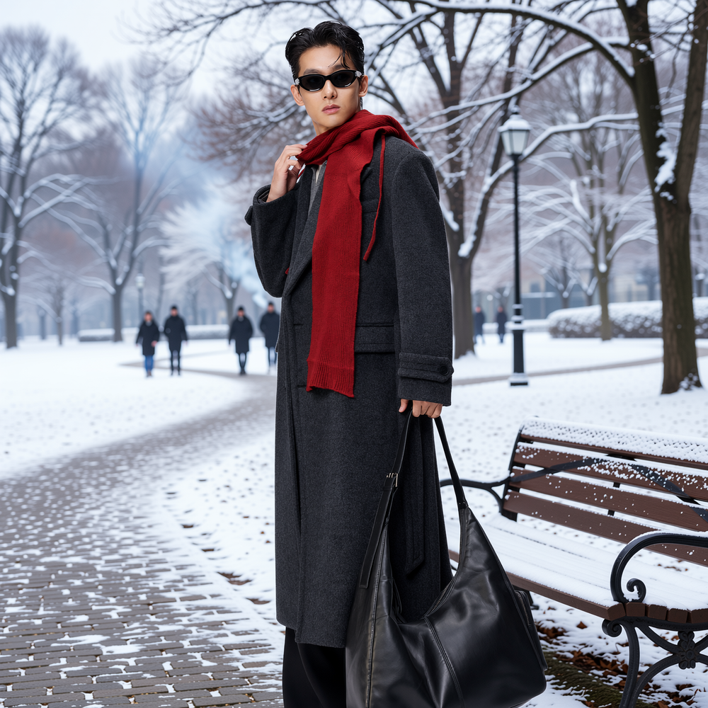 w2x秋冬款羊毛呢外套美式复古中长款风衣男冬装单面呢子大衣加厚