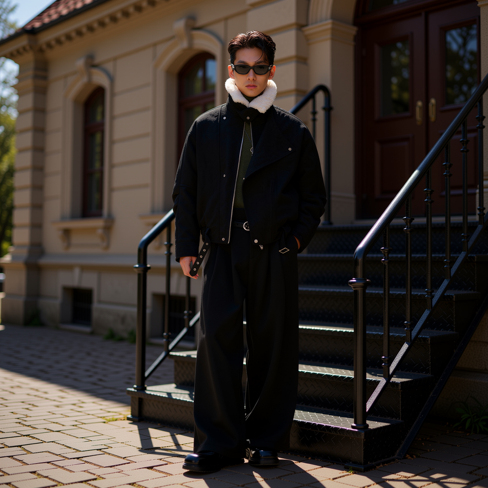 w2x秋冬季麂皮绒仿羊羔毛呢领棉夹克设计感男士加厚外套棉衣男装