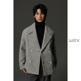 w2x2025冬季新款翻领加绒加厚针织羊毛呢大衣男短款宽松休闲外套