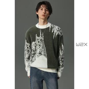 w2x2025秋冬季仿貂绒长毛纱线国风建筑风格拼色圆领针织衫毛衣潮