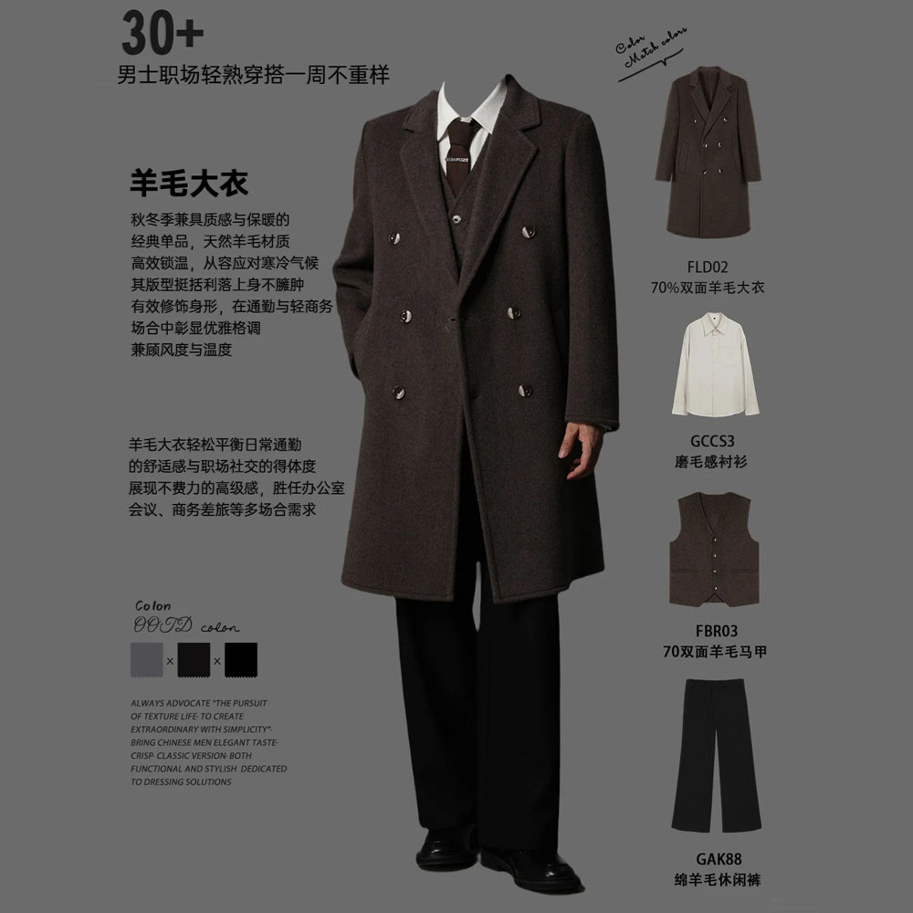 w2x帅气羊毛呢大衣秋冬季新款男士外套加厚男装中长款风衣双面呢