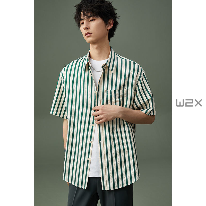 w2x夏季泡泡纱条纹短袖衬衫男