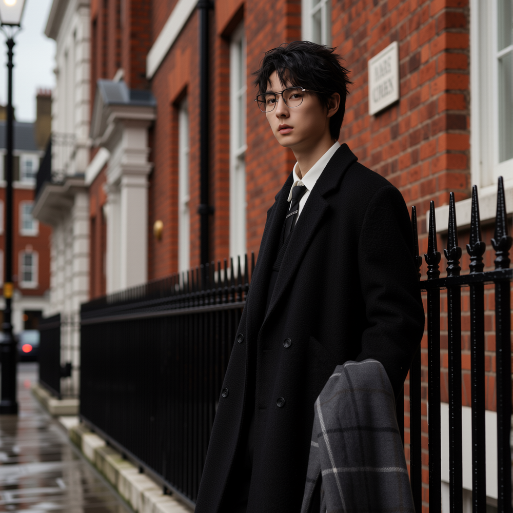 w2x双面羊毛呢大衣男生秋冬季加厚冬装男中长款风衣西装外套黑色