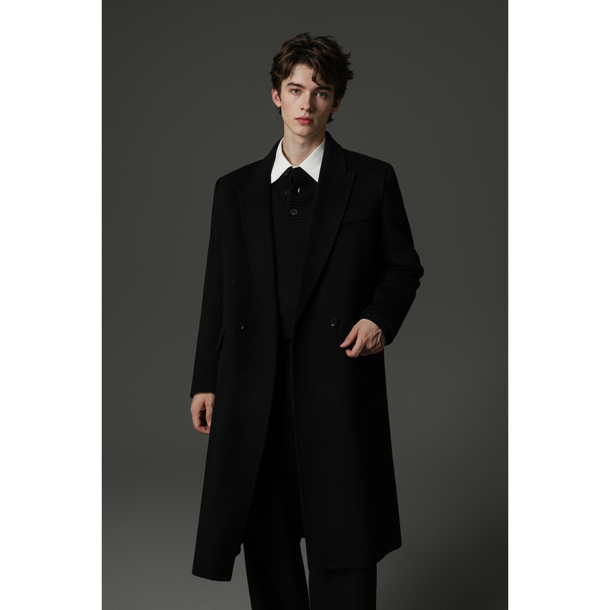 w2x冬季100%全羊毛呢子大衣正肩加厚中长款风衣男士双面呢外套男