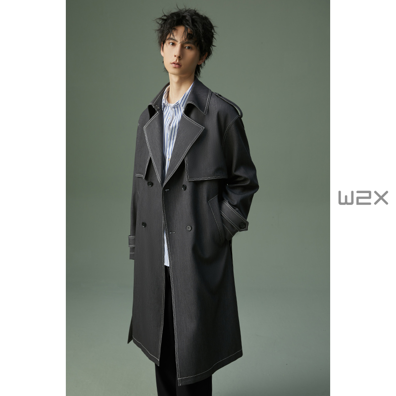 春秋季牛仔风衣男中长款