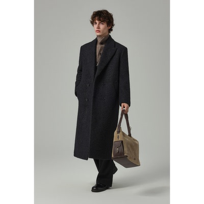 w2x冬季新款毛绒呢子外套宽松毛呢大衣男士加厚款过膝风衣中长款