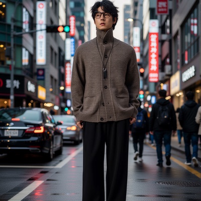 w2x翻领双面针织开衫秋冬季男士毛衣羊毛呢加厚男生保暖男款外套