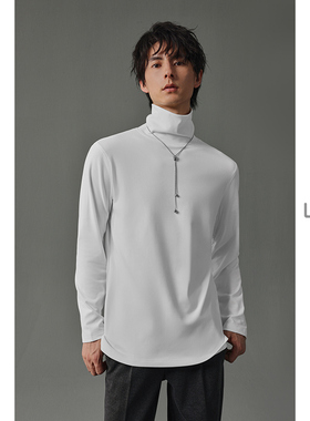 w2x秋季双面碳素磨绒高领长袖T恤男极简风高级感体恤纯色通勤内搭