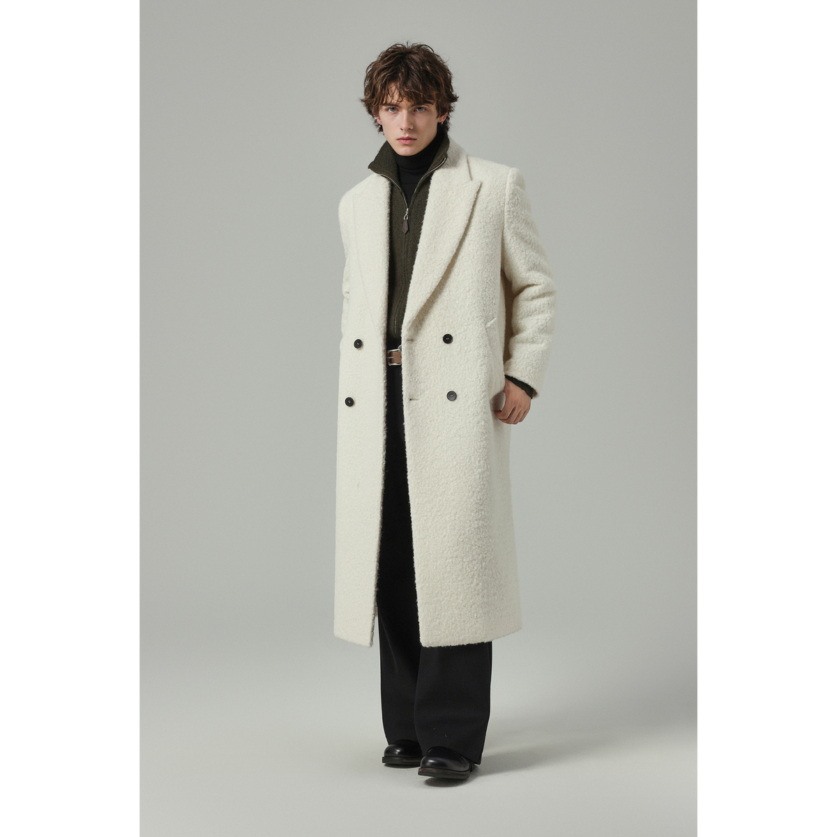 w2x冬季宽松男士西装加厚毛呢大衣外套毛绒呢子中长款过膝风衣男