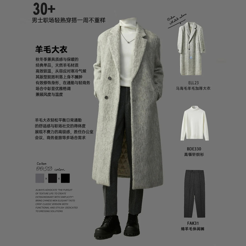 w2x加厚款羊毛呢大衣秋冬季加厚中长款风衣男冬装双面呢西装外套