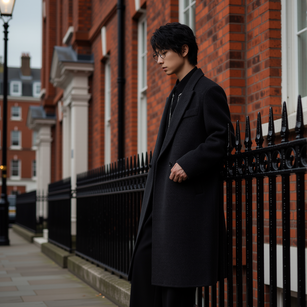 w2x宽松100%双面羊毛呢大衣秋冬季西装风男士风衣中长款冬装外套