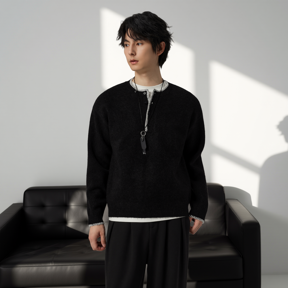 w2x羊毛衫毛衣男士套头秋冬季针织衫时尚男款长袖外穿男装假两件