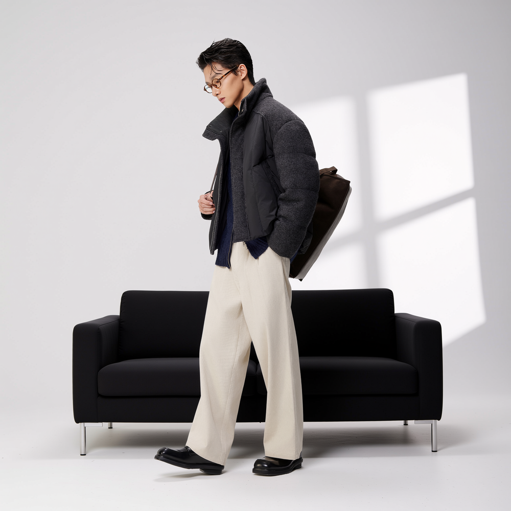 w2x冬季帅气鸭绒羽绒服男士新款羊毛拼接面包服外套加厚夹克男款