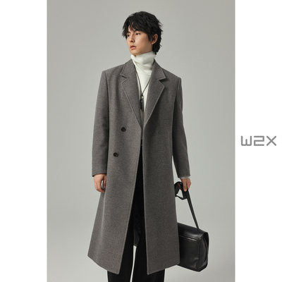 2025新款翻领斜纹毛呢大衣男