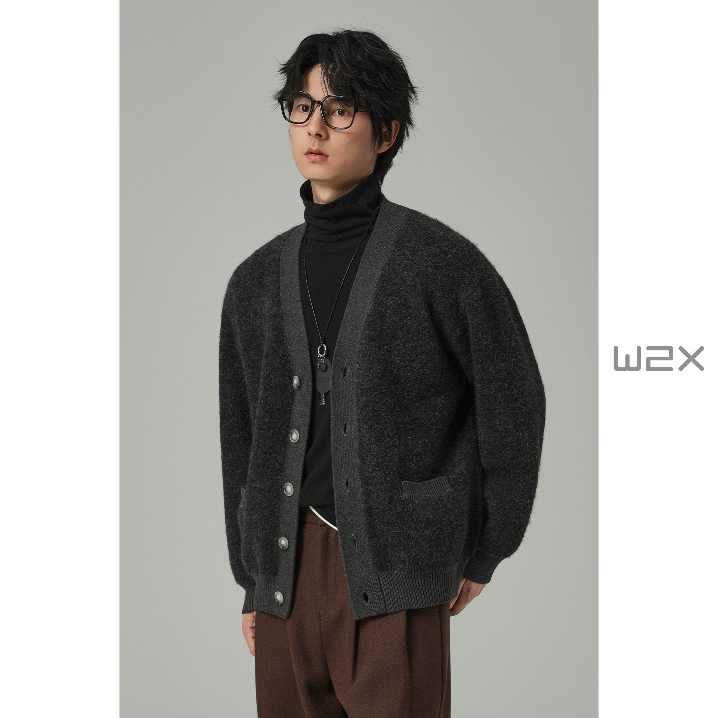 W2XV领针织开衫男羊毛圈圈纱线含羊毛轻奢老钱风叠穿毛衣秋冬季