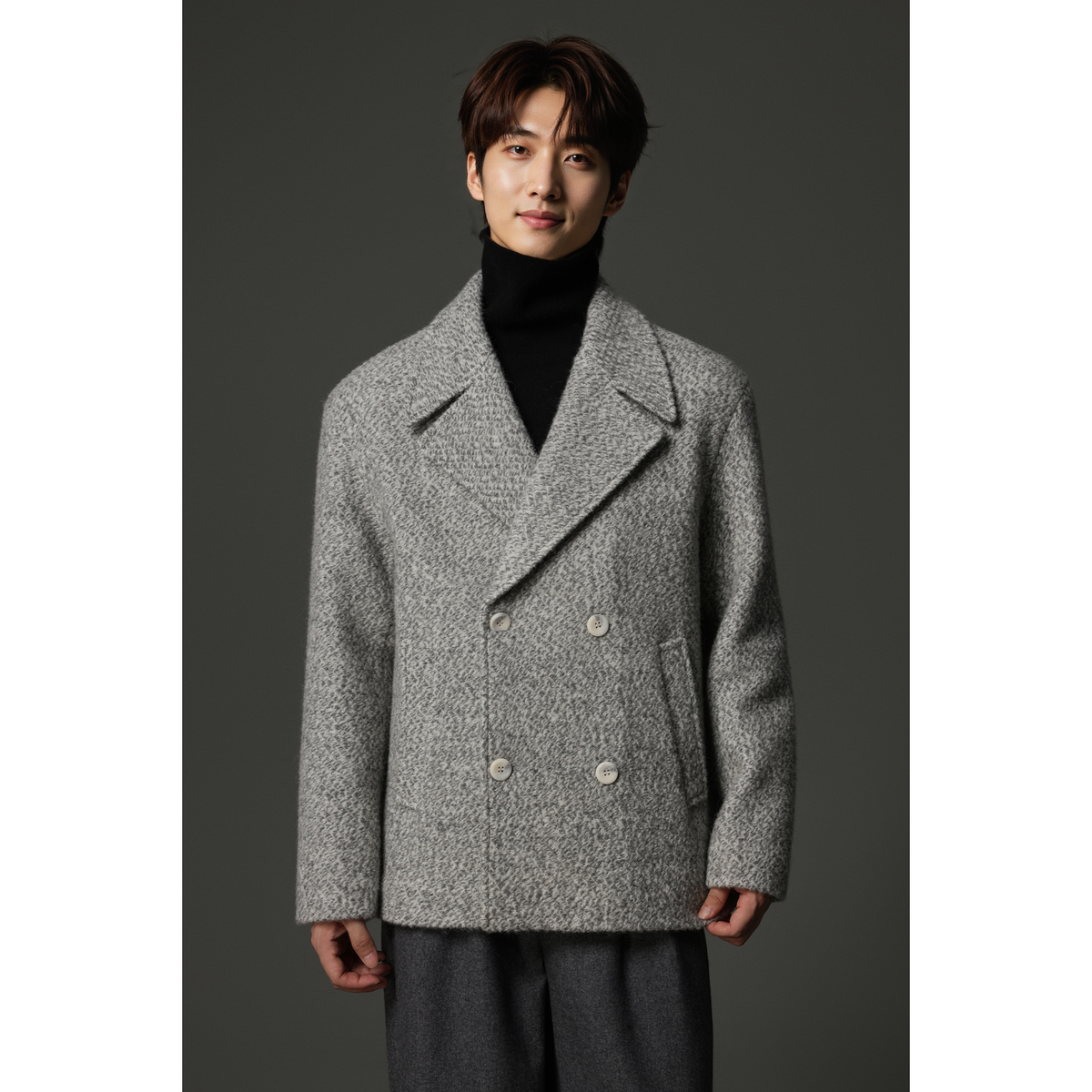 w2x高档男士冬季风衣 黑色加厚牛角扣双面呢毛呢呢子大衣外套