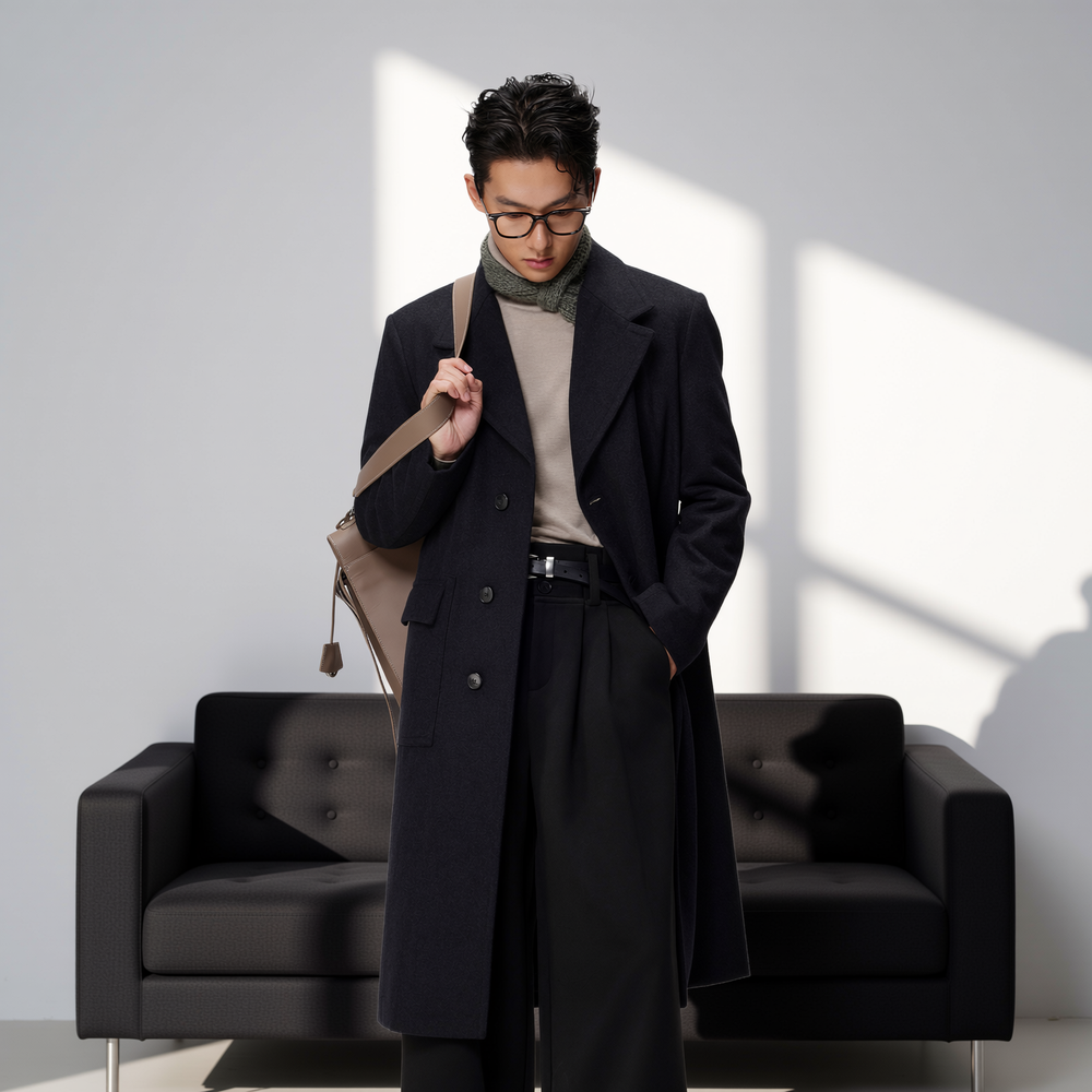 w2x潮流羊毛呢大衣秋冬季风衣中长款加厚冬装男士西装双面呢外套