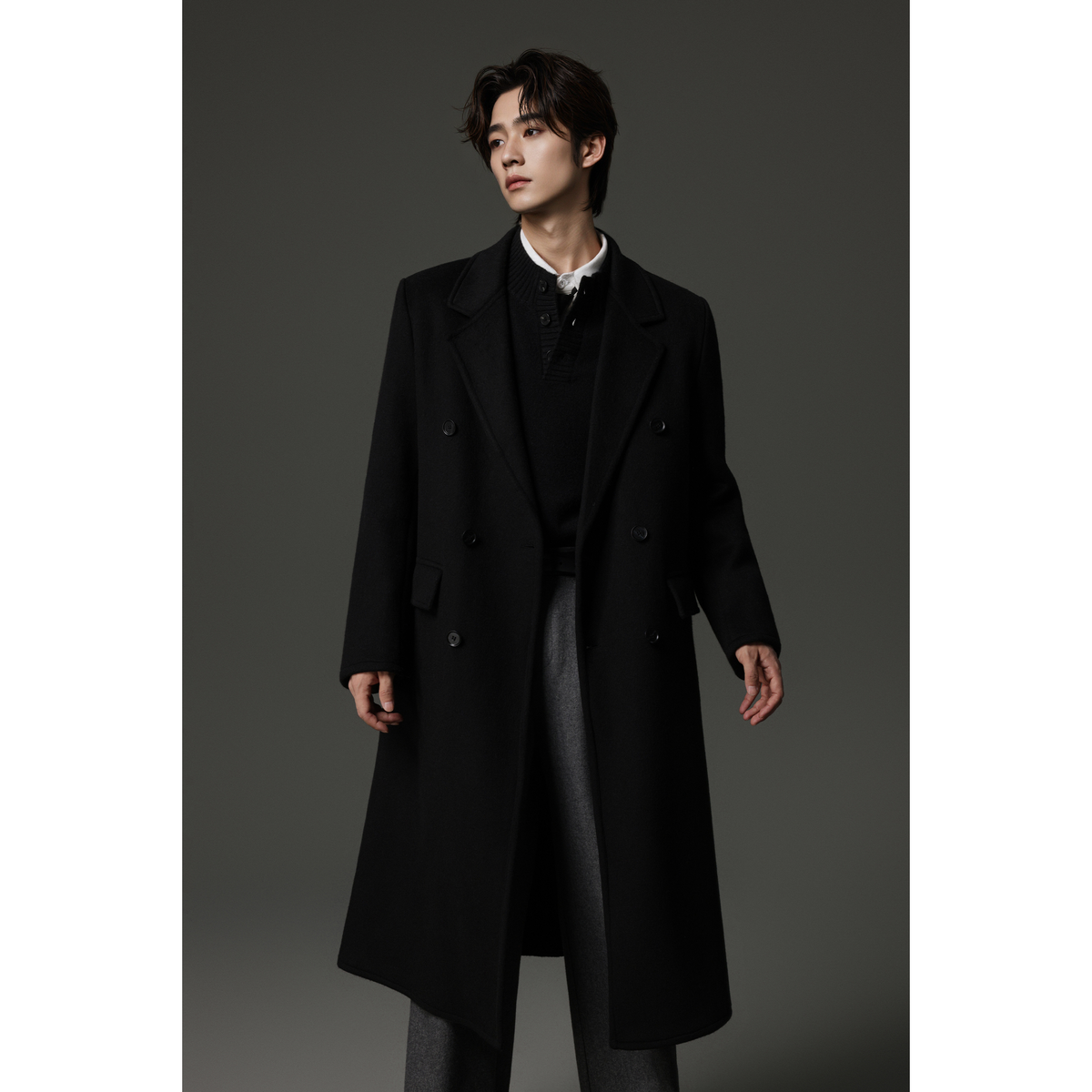 w2x新款英伦风羊毛呢子大衣秋冬季双排扣风衣中长款男士外套加厚