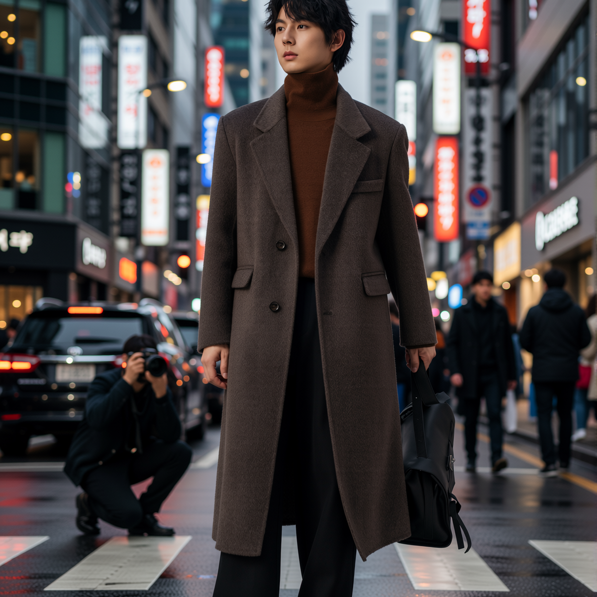 w2x英伦风双面羊毛呢大衣男士秋冬季西装加厚冬装外套中长款风衣