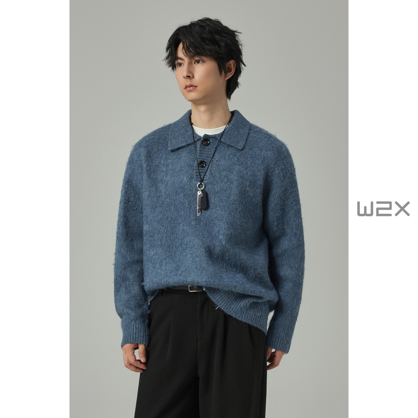 秋冬季翻领仿牛绒针织衫男