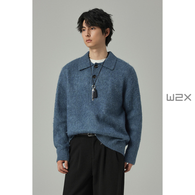 秋冬季翻领仿牛绒针织衫男