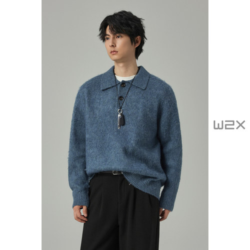 秋冬季翻领仿牛绒针织衫男