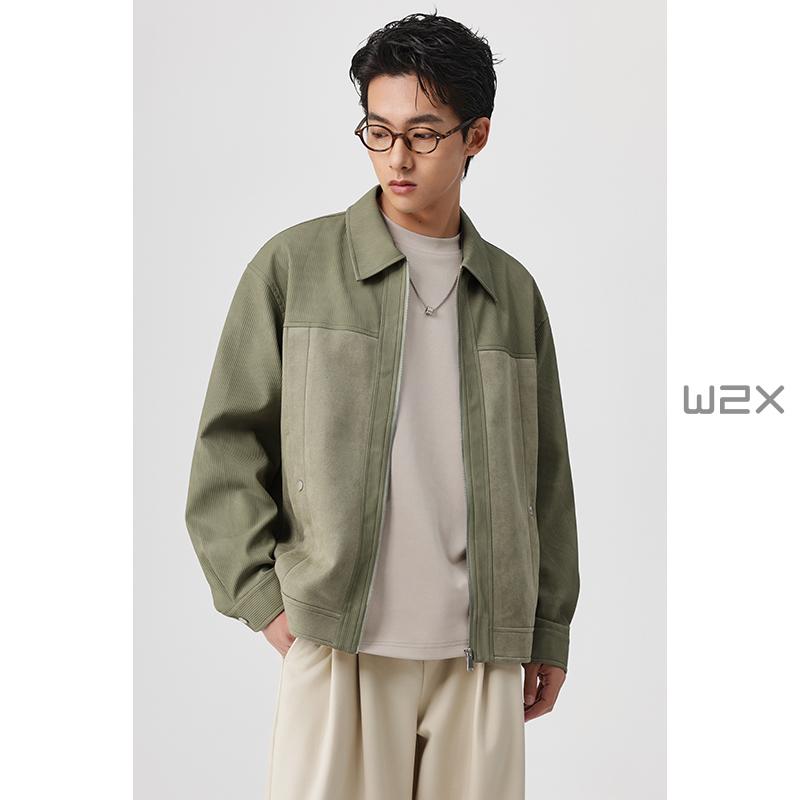 翻领麂皮绒拼接条纹PU皮夹克